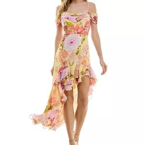 City Studio Floral Drape-Neck Asymmetrical Ruffle Hem Hi-Lo Wedding Guest Dress
